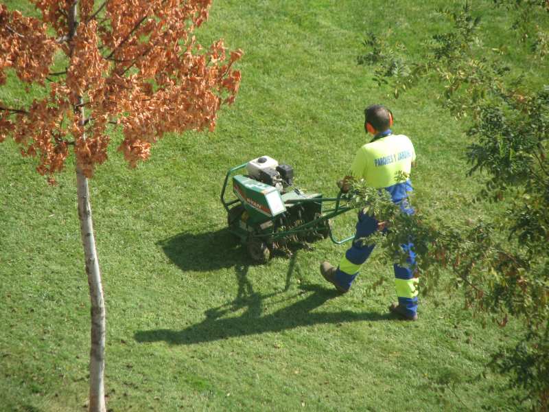 a person aerating a lawn