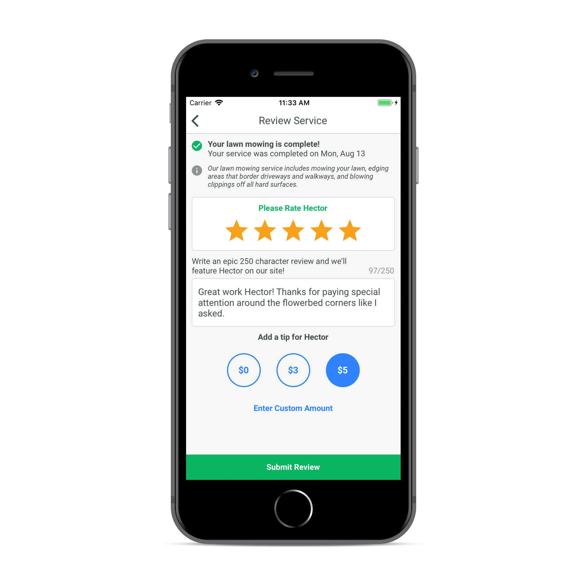 Tipping feature of LawnStarter's app on a phone