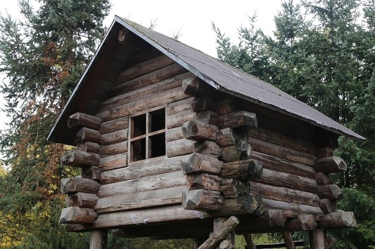 Treehouse with square window and slanted roof made of landscape timbers