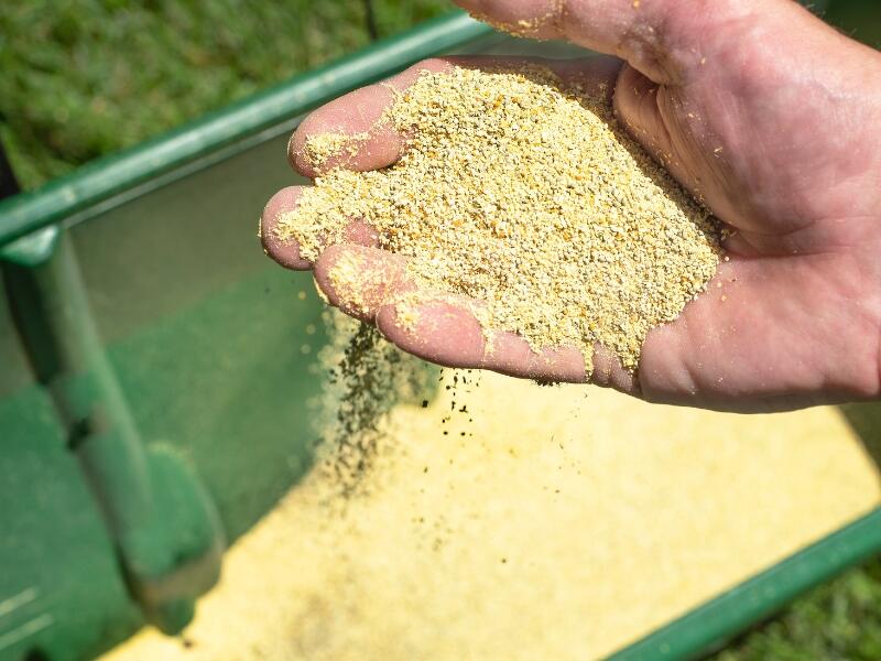 man lawn fertilizer over a spreader bucket