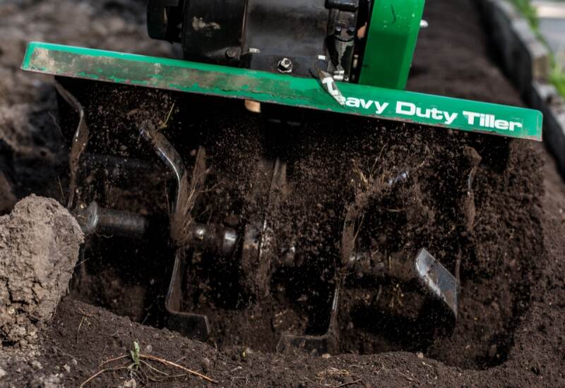 Close-up of tiller tines in action.