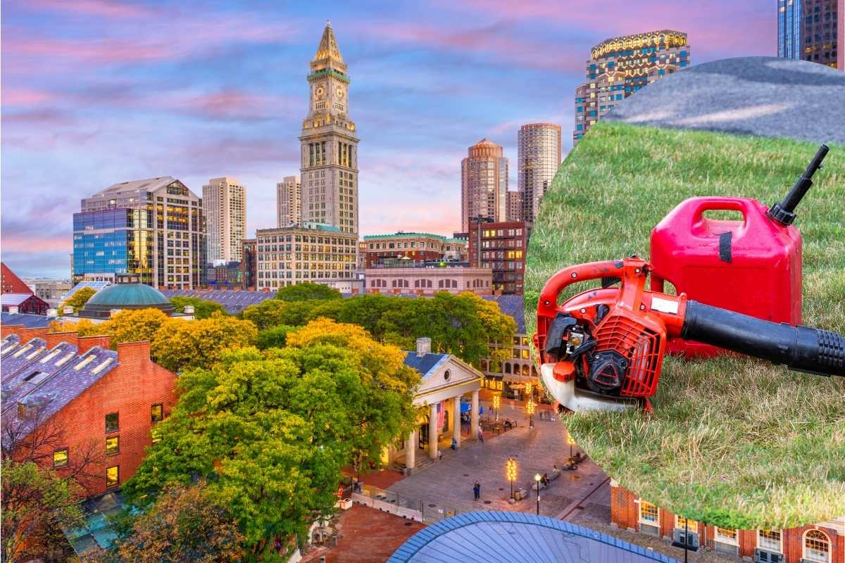 gas leaf blower over an image of aerial view of massachusetts