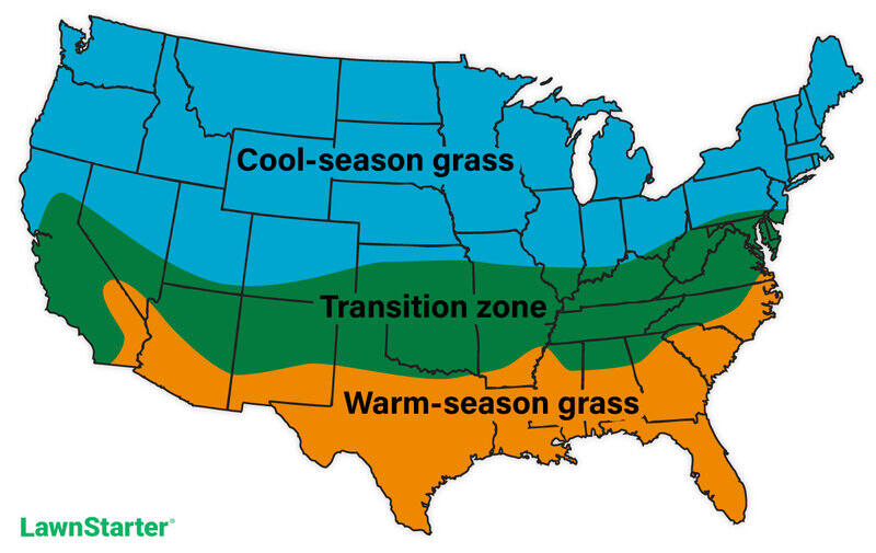 United States map showing the cool season grass, warm season grass and the transition zones