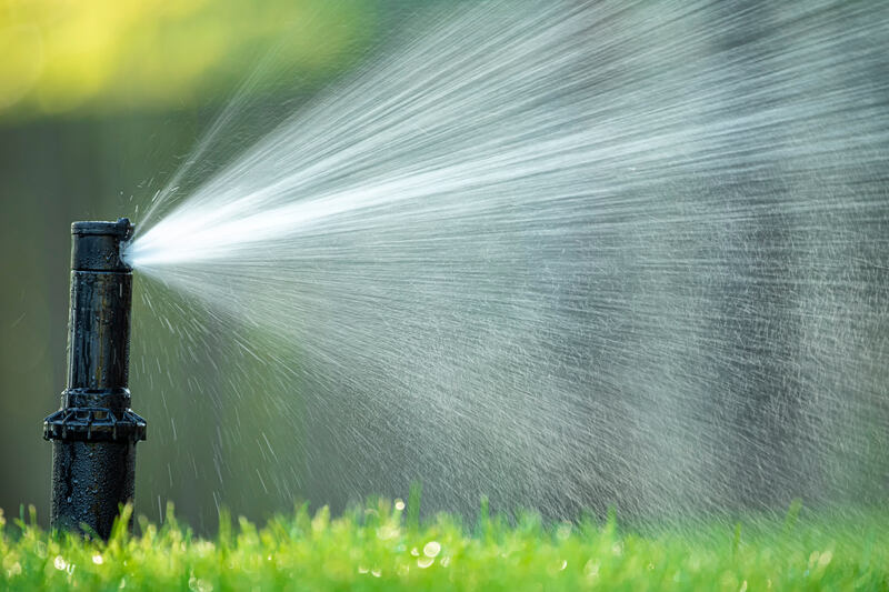 The rotary nozzle of the automatic watering system waters grass