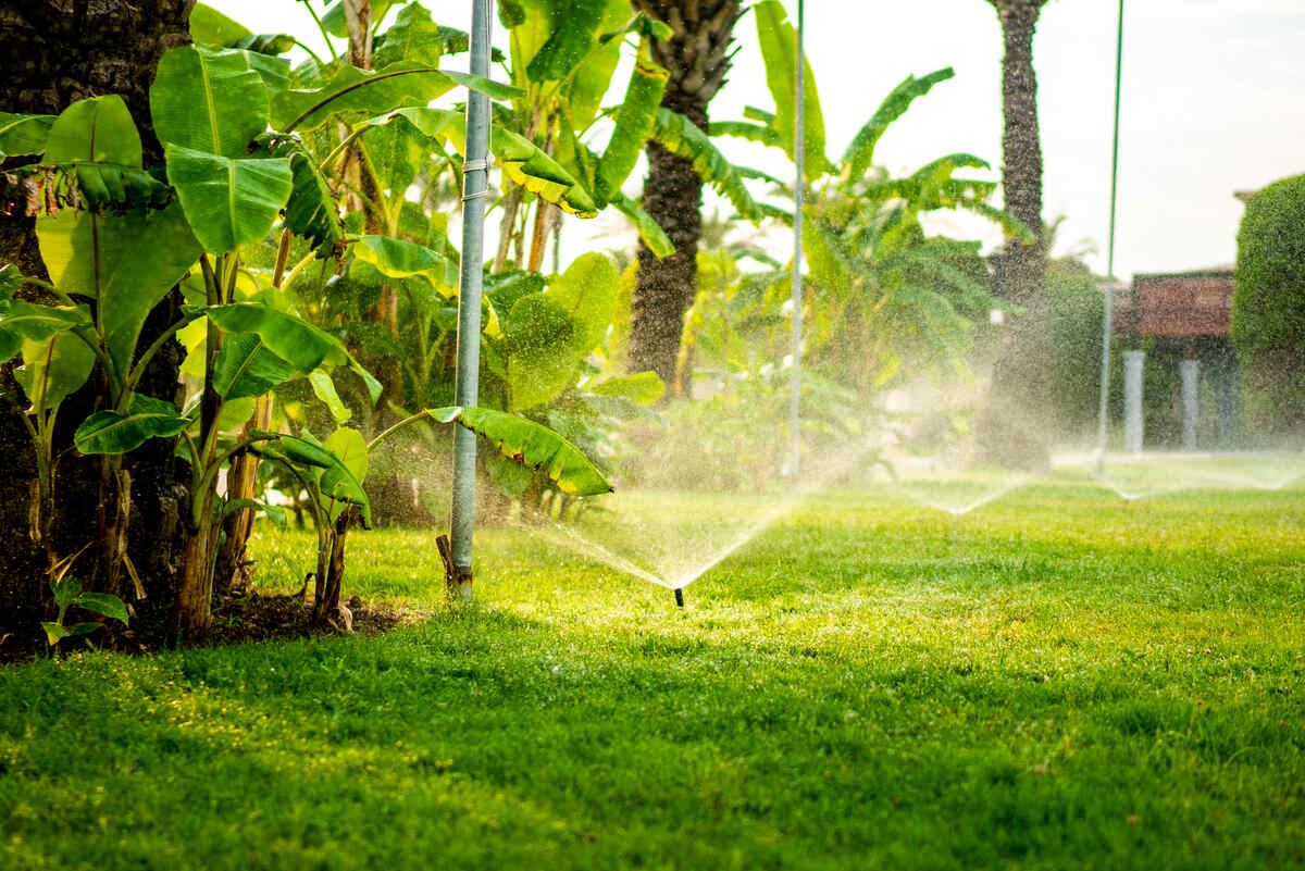 Modern automatic sprinkler working on grass irrigation