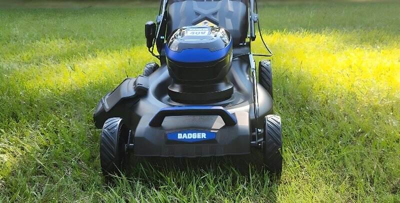 Wild Badger Power 21” Cordless Mower in a lawn