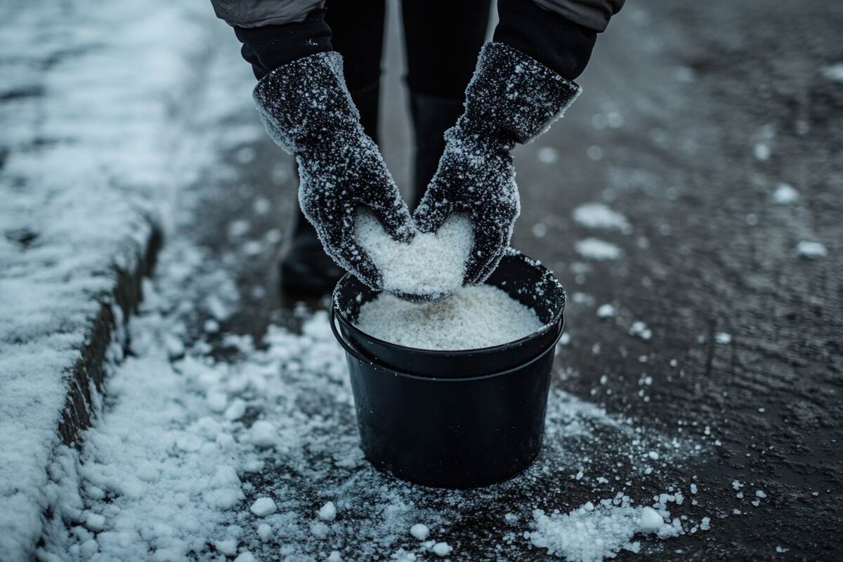 Gloved hands taking winter salt from a bucket and spreading it on icy pavement to prevent slipping in winter