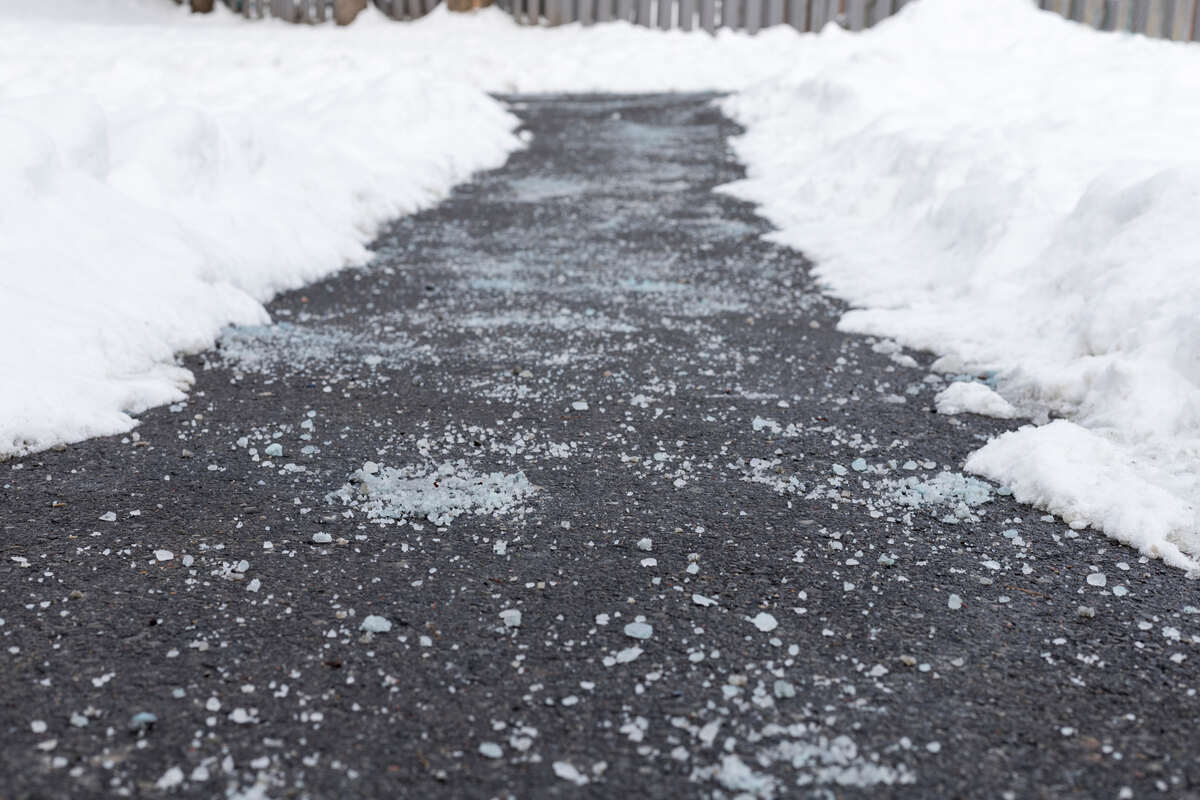 winter salt, or ice melt, spread on a shoveled sidewalk