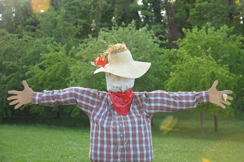 Scarecrow on a lawn with trees in the background