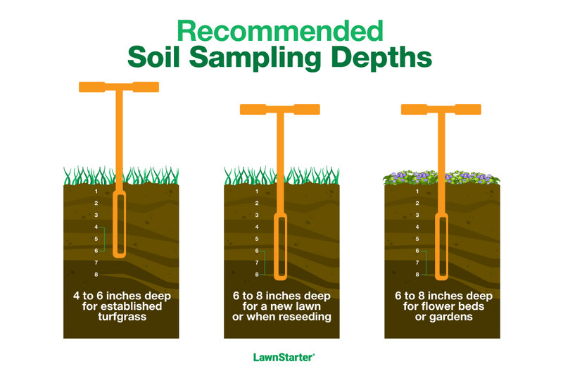 Illustration showing recommended soil sampling depths: 4–6 inches for established turfgrass, 6–8 inches for a new lawn or reseeding, and 6–8 inches for flower beds or gardens.
