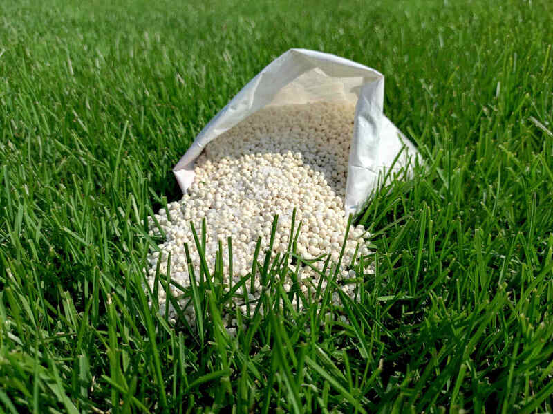 White granulated fertilizer in a bag on a background of green grass